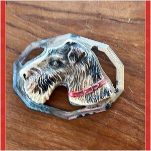 Vintage Early Plastic Airedale Terrier Dog Head Topper Chrome Frame Missing Pin